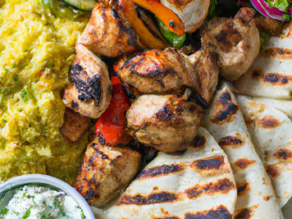 Grilled Chicken Skewer, Pulled Pork, Seasoned Rice, Veggies, Yogurt Dip, Pita. Grilled Chicken Skewer, Pulled Pork, Seasoned Rice, Veggies, Yogurt Dip, Pita.