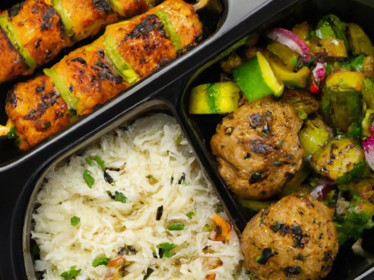 Grilled Beef Meatball Skewer, Grilled Chicken Filet, Seasoned Rice, Veggies Grilled Beef Meatball Skewer, Grilled Chicken Filet, Seasoned Rice, Veggies