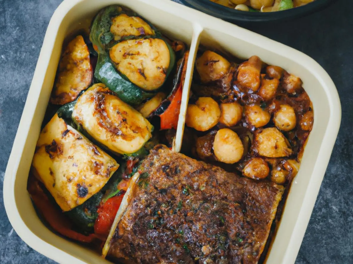 Vegetarian Moussaka & Garbanzo Bean Stew, Seasoned Rice, Grilled Vegetables Vegetarian Moussaka & Garbanzo Bean Stew, Seasoned Rice, Grilled Vegetables