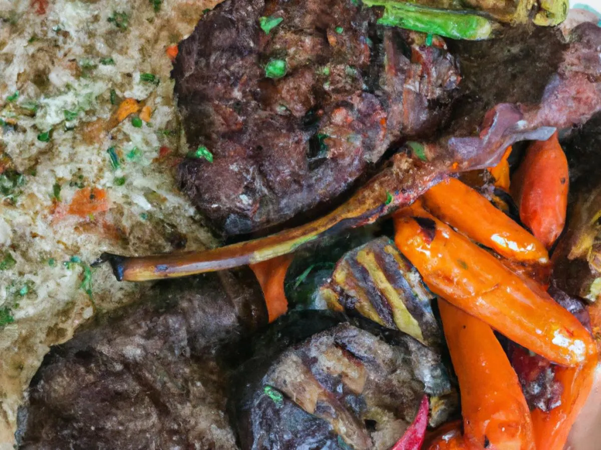 Grilled Lamb & Pulled Pork with Mediterranean Rice, Seasonal Grilled Vegetables Grilled Lamb & Pulled Pork with Mediterranean Rice, Seasonal Grilled Vegetables