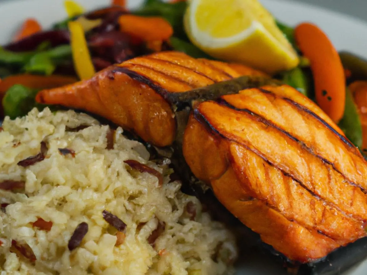 Grilled Salmon & Braised Chicken, Mediterranean Rice, Seasonal Grilled Veggies Grilled Salmon & Braised Chicken, Mediterranean Rice, Seasonal Grilled Veggies