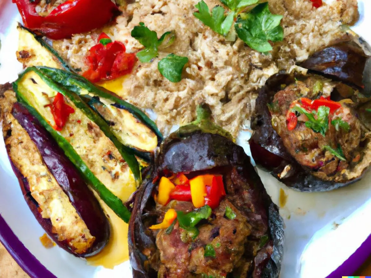 Veg Stuffed Eggplant & Vegan Meatballs, Mediterranean Rice, Grilled Vegetables Veg Stuffed Eggplant & Vegan Meatballs, Mediterranean Rice, Grilled Vegetables