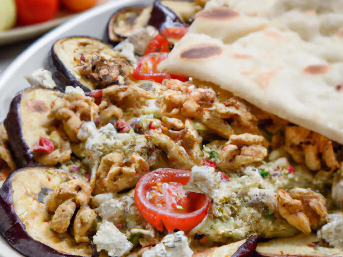 Reyhan Dip with Grilled Eggplant, Feta, Walnuts and Tomatoes, with Pita Reyhan Dip with Grilled Eggplant, Feta, Walnuts and Tomatoes, with Pita