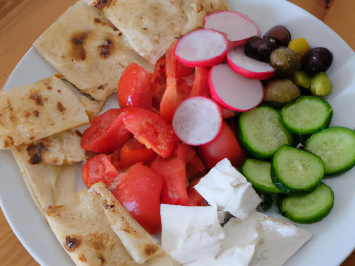 Mediterranean Spread of Feta, Olives, Radish, Cucumber, Tomato Plate, with Pita Mediterranean Spread of Feta, Olives, Radish, Cucumber, Tomato Plate, with Pita