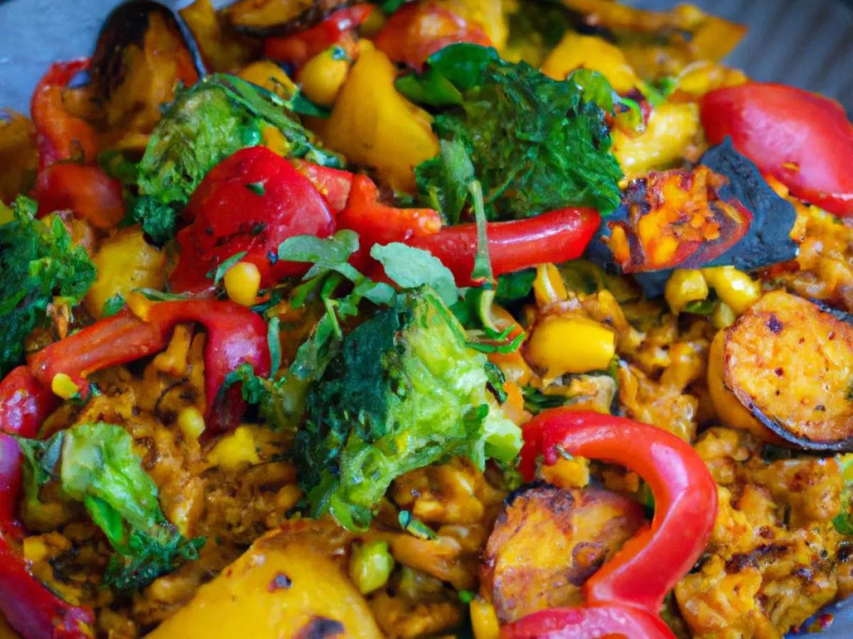 Vegetable Paella with Fried Sweet Plantains, Roasted Broccoli, and Roasted Corn Salad Vegetable Paella with Fried Sweet Plantains, Roasted Broccoli, and Roasted Corn Salad
