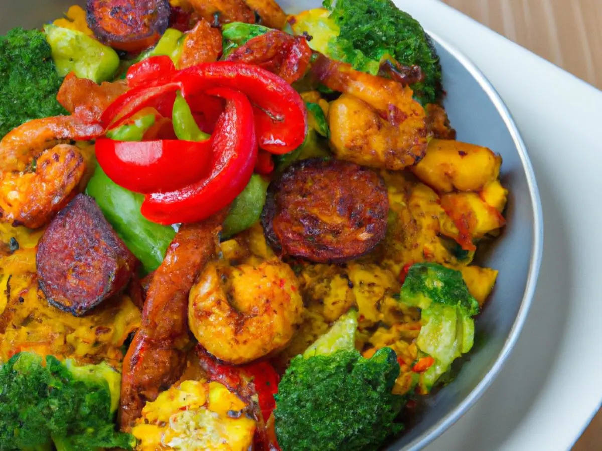 Shrimp & Chorizo Paella with Fried Sweet Plantains, Roasted Broccoli, and Roasted Corn Salad Shrimp & Chorizo Paella with Fried Sweet Plantains, Roasted Broccoli, and Roasted Corn Salad