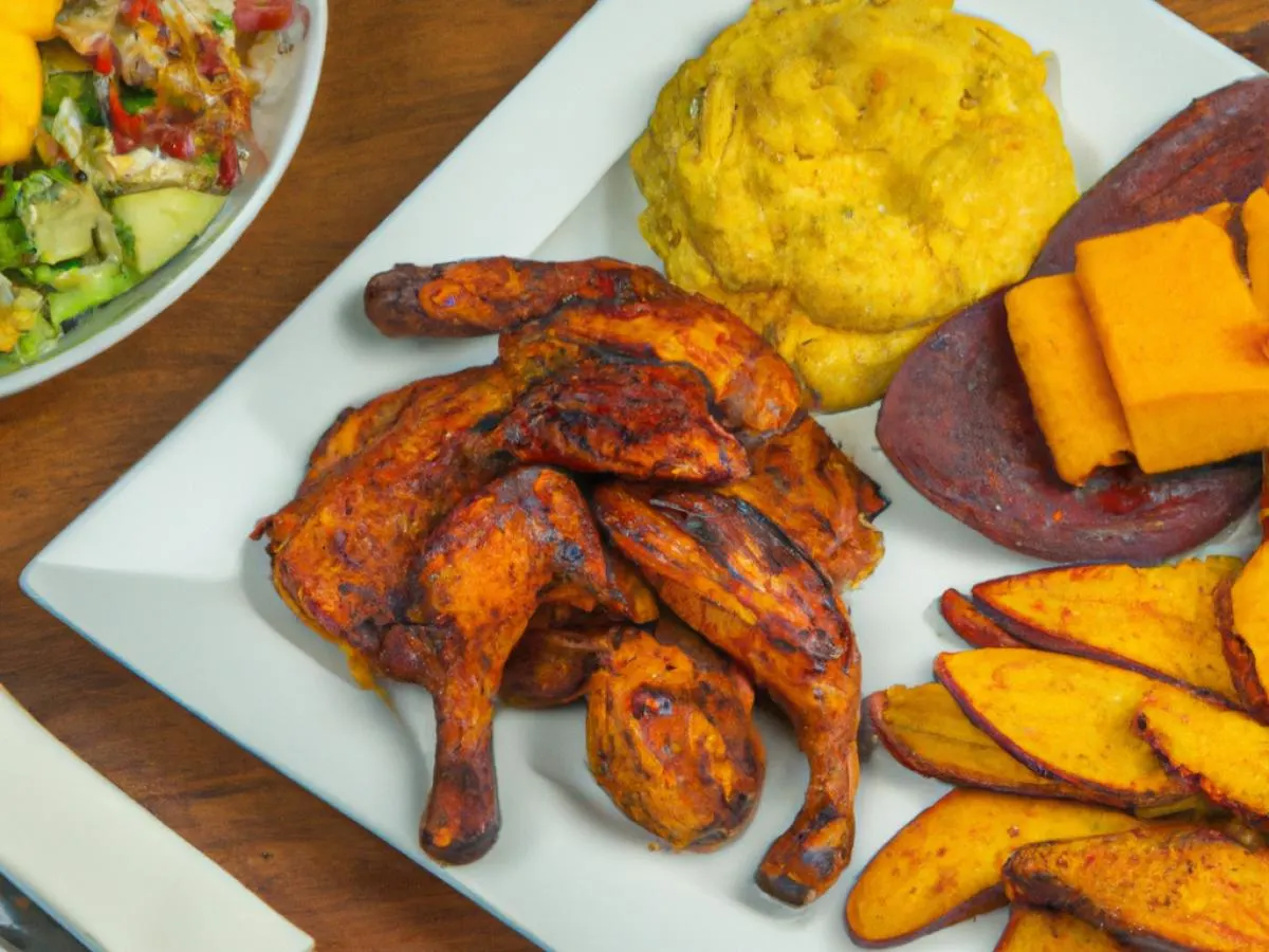 Smoked Paprika Chicken with Fried Sweet Plantains, Creamy Garlic Mashed Potatoes, and Mango cucumber Salad with Lemon Vinaigrette Smoked Paprika Chicken with Fried Sweet Plantains, Creamy Garlic Mashed Potatoes, and Mango cucumber Salad with Lemon Vinaigrette