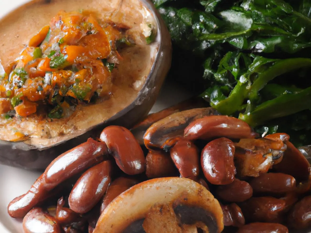 Vegan Portobello Mushroom with Collard Greens and Vegan Baked Beans Vegan Portobello Mushroom with Collard Greens and Vegan Baked Beans