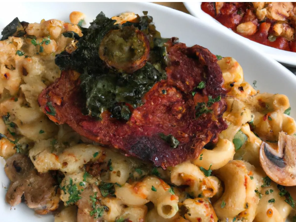 Vegetarian Mozzarella Pesto Portobello Mushroom, Mac Cheese, Vegan Baked Beans Vegetarian Mozzarella Pesto Portobello Mushroom, Mac Cheese, Vegan Baked Beans
