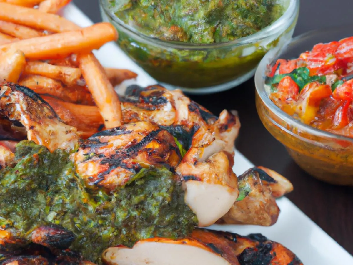 Grilled Chimichurri Chicken with French Fries, Roasted Brussel Sprouts, and Rocoto Salsa Grilled Chimichurri Chicken with French Fries, Roasted Brussel Sprouts, and Rocoto Salsa
