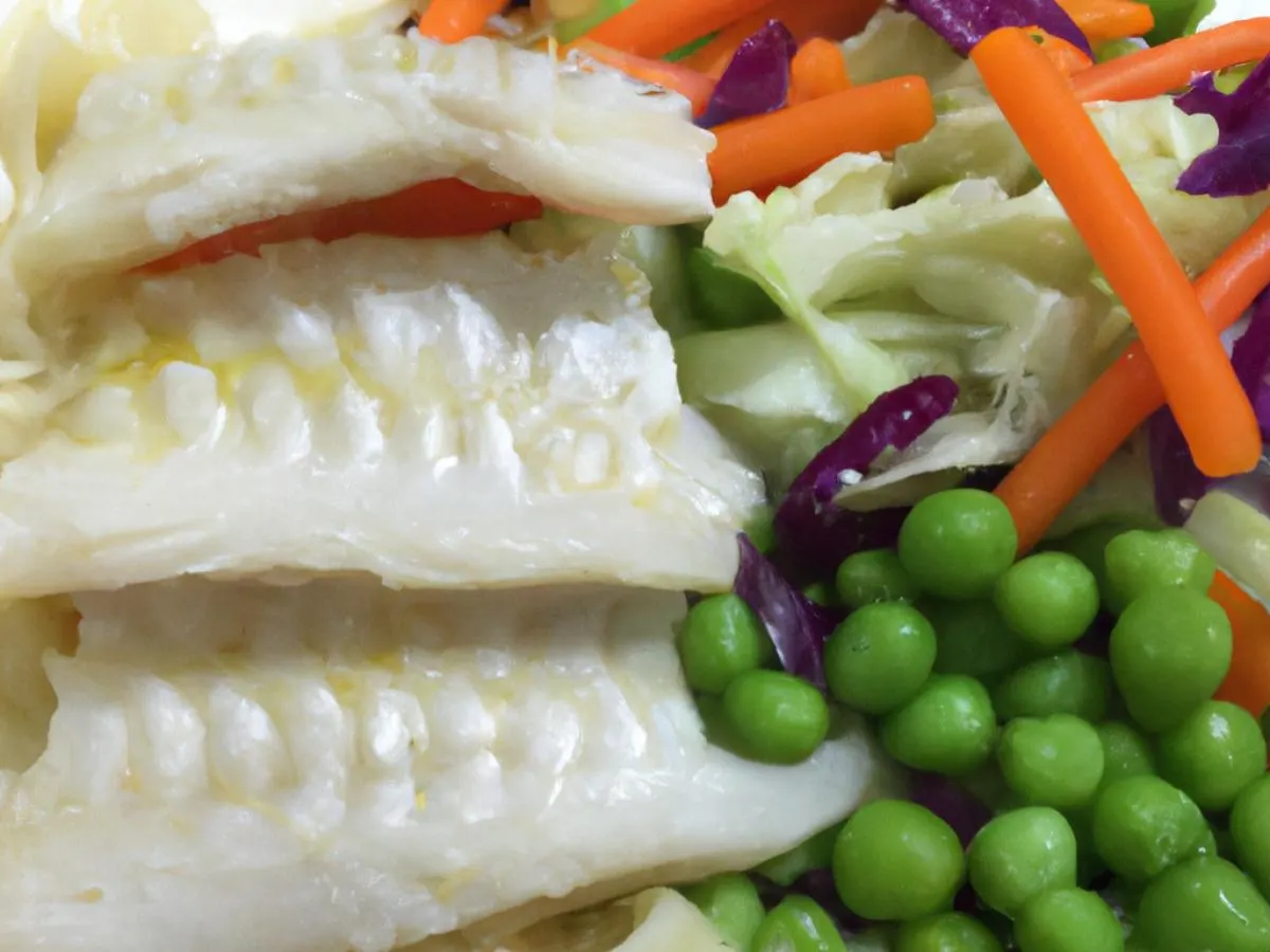 Stew Fish (White Fish Fillet) with Macaroni salad and Mixed Steam Veg Stew Fish (White Fish Fillet) with Macaroni salad and Mixed Steam Veg