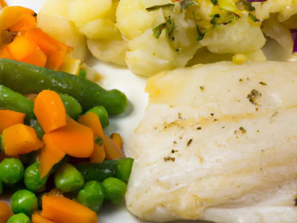 Stew Fish (White Fish Fillet) with Potato Salad and Mixed Steam Veg Stew Fish (White Fish Fillet) with Potato Salad and Mixed Steam Veg