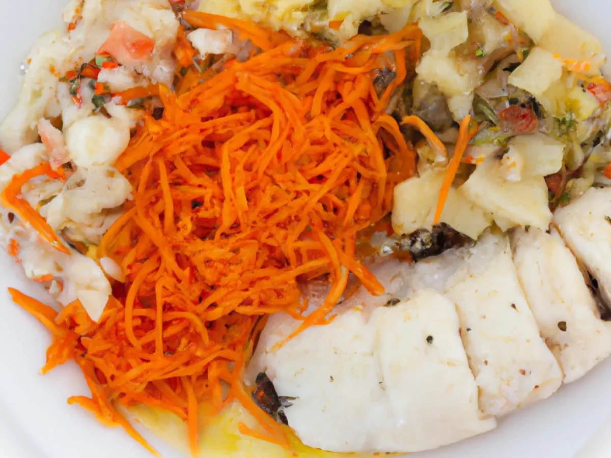 Stew Fish (White Fish Fillet) with Potato Salad and Root Veg Medley Stew Fish (White Fish Fillet) with Potato Salad and Root Veg Medley