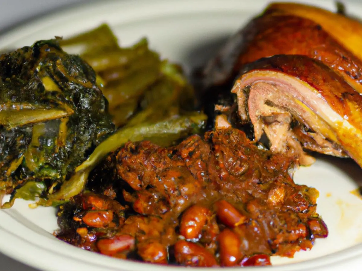 Pulled Chicken with Collard Greens and Baked Beans Pulled Chicken with Collard Greens and Baked Beans