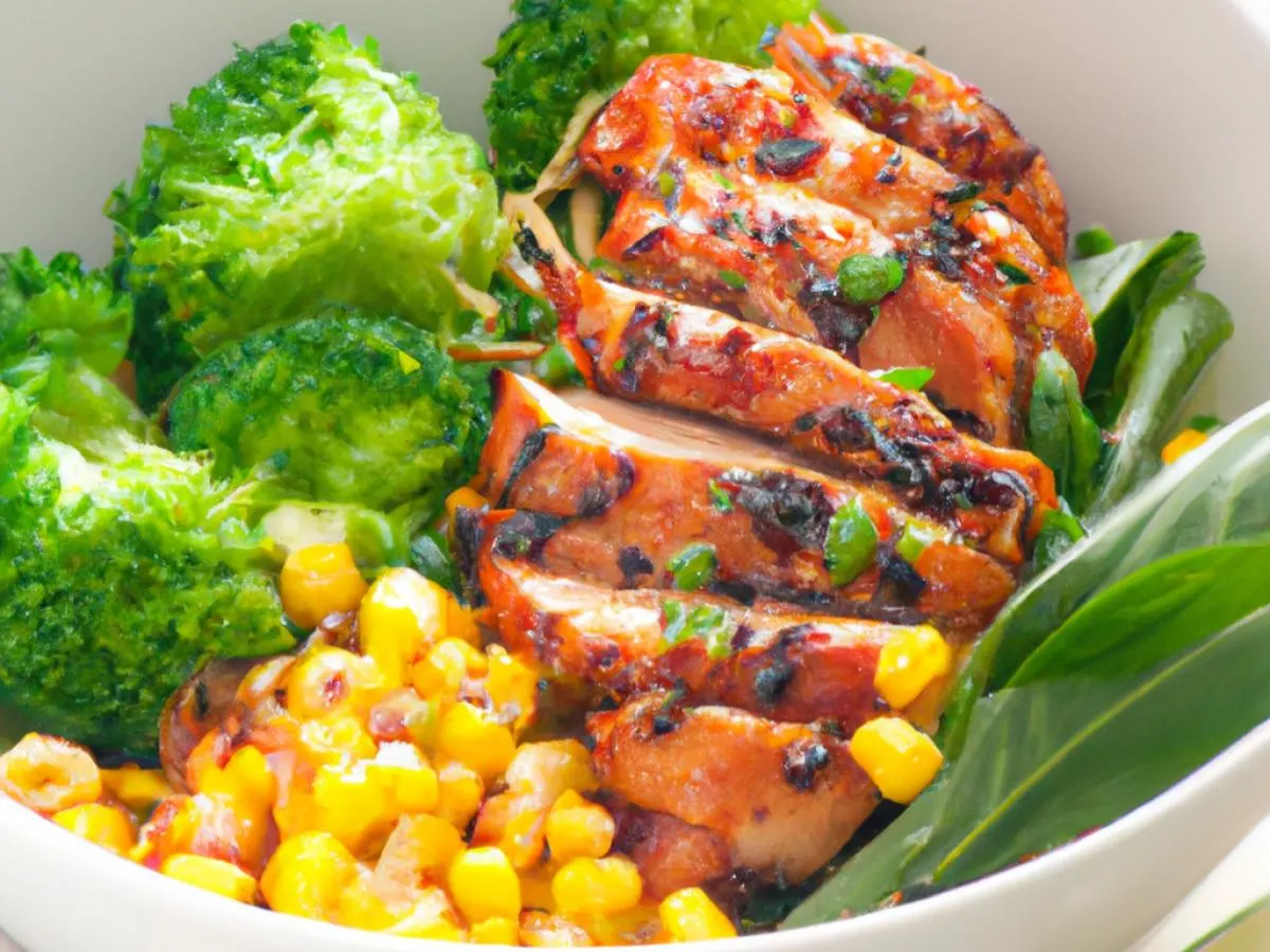 Roasted Chili-Lime Chicken Mixed Green Bowl with Broccoli + Corn & Edamame (Miso Ginger Vinaigrette)