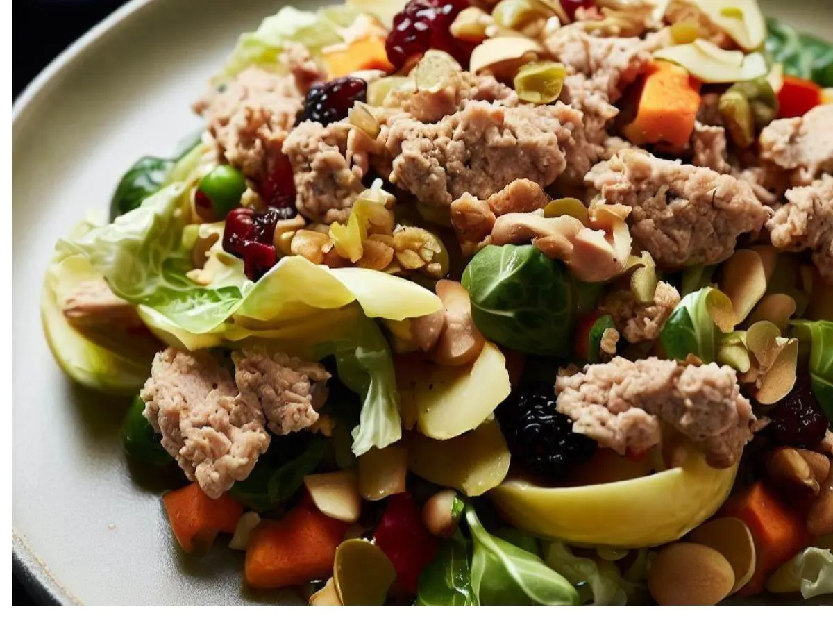 Entree Brussels Sprouts Salad with Apple Cider Vinaigrette and Ground Turkey