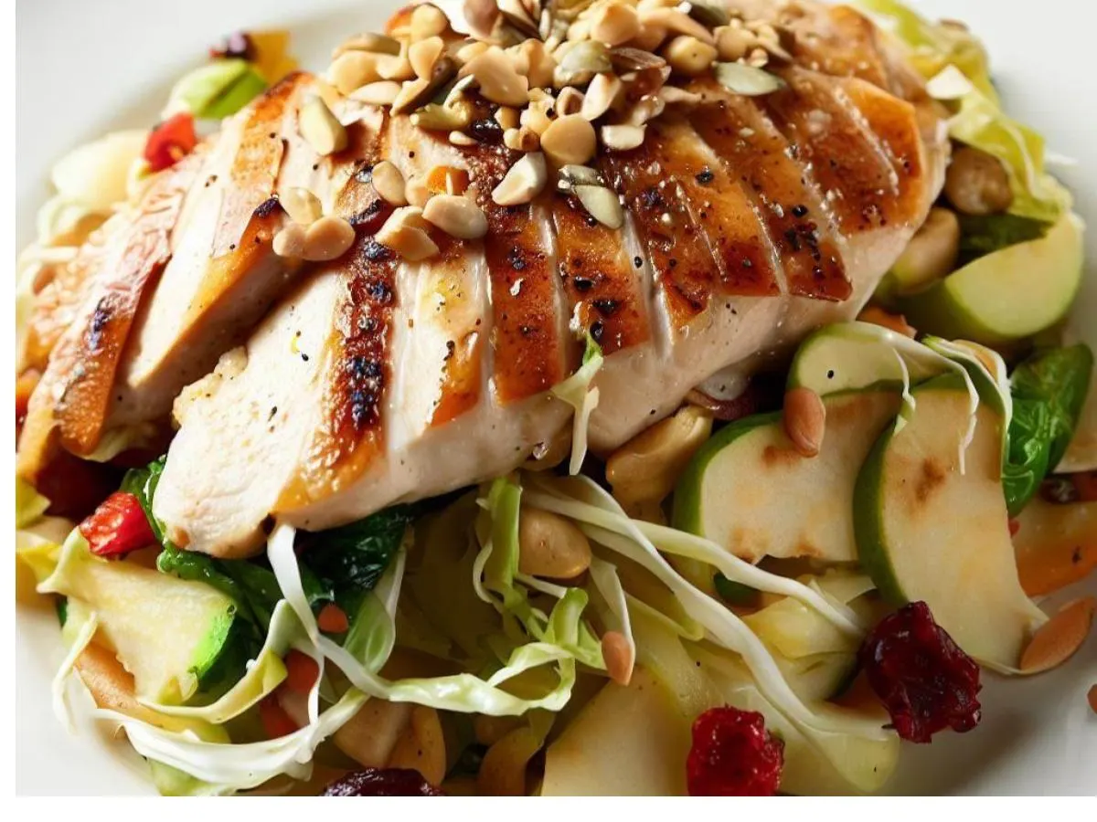 Entree Brussels Sprouts Salad with Apple Cider Vinaigrette and Chicken Breast