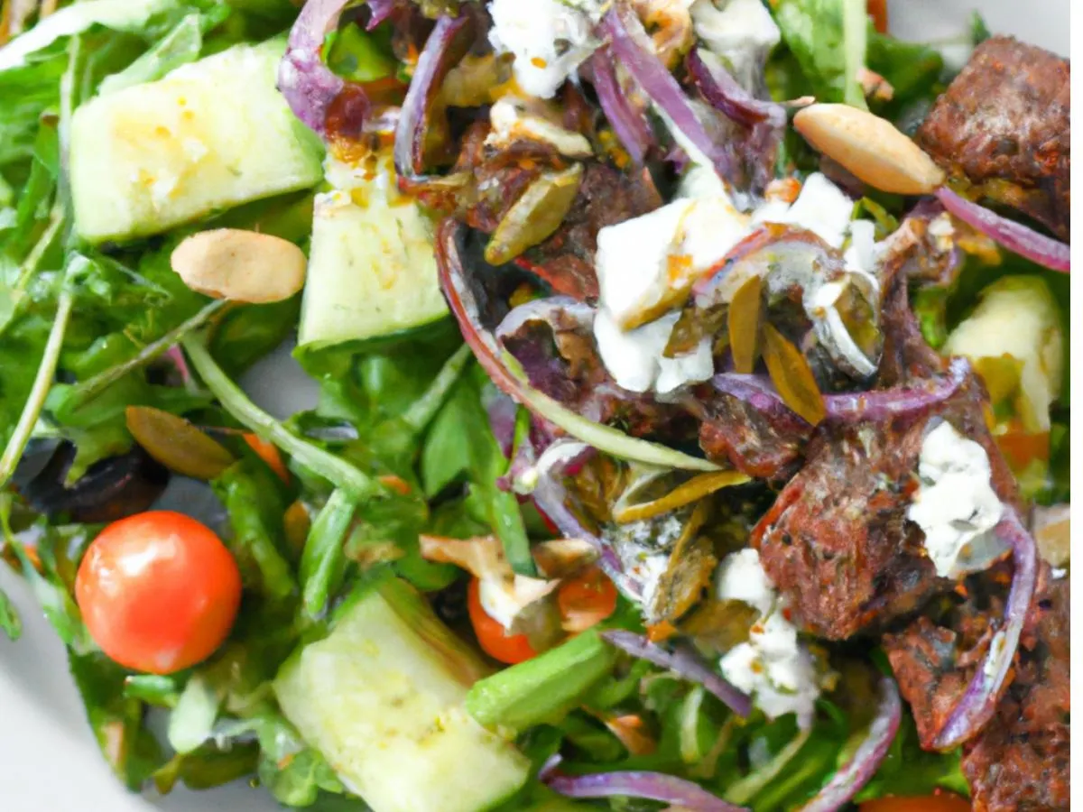 Entree Baby Arugula Salad with Lemon Vinaigrette and Beef Kabob