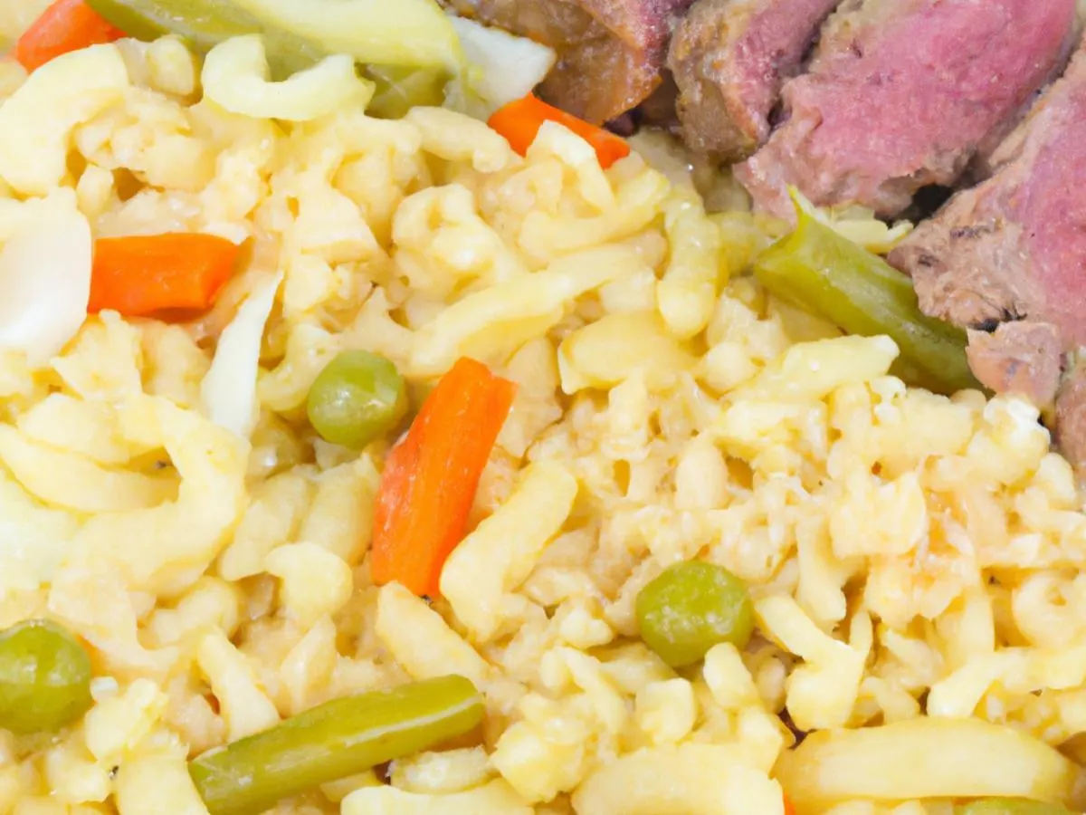 Beef Pelau with Macaroni salad and Mixed Steam Veg Beef Pelau with Macaroni salad and Mixed Steam Veg