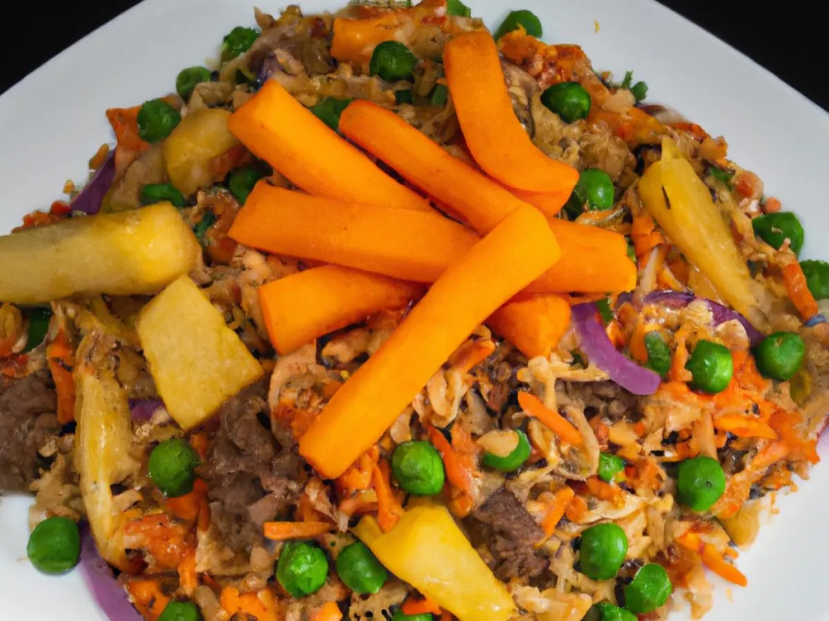 Beef Pelau with Macaroni salad and Root Veg Medley Beef Pelau with Macaroni salad and Root Veg Medley