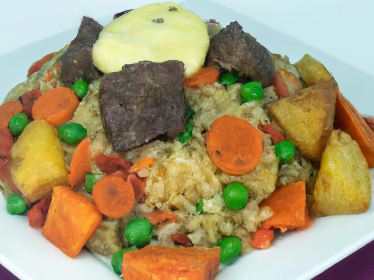 Beef Pelau with Potato Salad and Root Veg Medley Beef Pelau with Potato Salad and Root Veg Medley