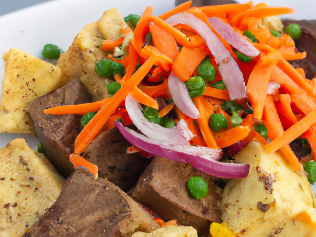 Jerk Tofu with Potato Salad and Root Veg Medley Jerk Tofu with Potato Salad and Root Veg Medley