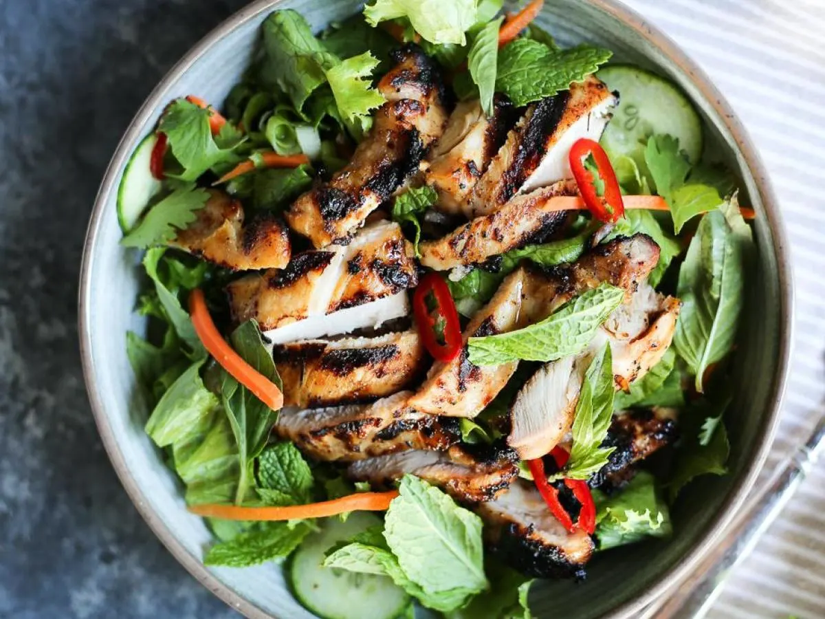 Lemongrass Chicken Mixed Green Bowl with Broccoli + Corn & Edamame (Miso Ginger Vinaigrette)