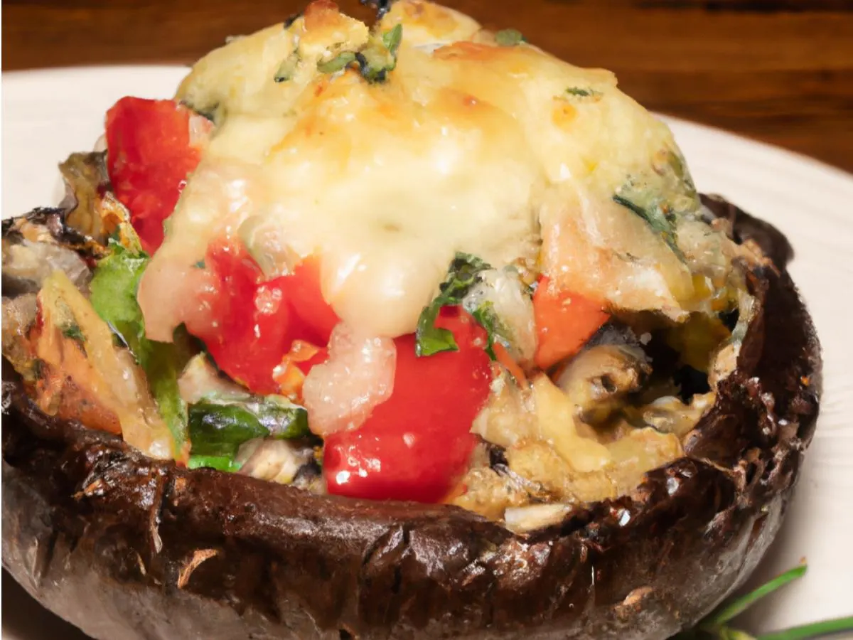 Portobello Stuffed with Orzo, vegetable topped with vegan cheese
