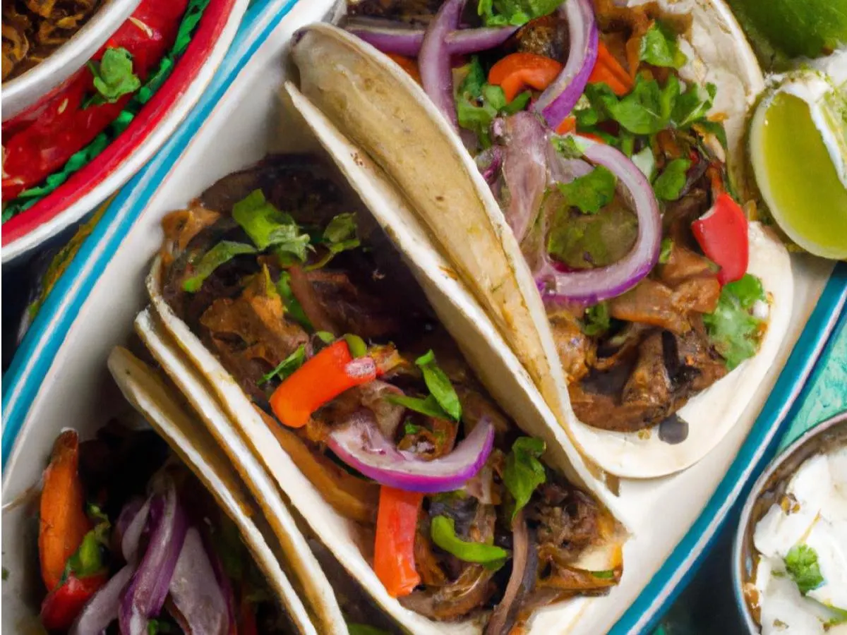 Mushroom Tacos on Flour Tortillas with Rice and Beans