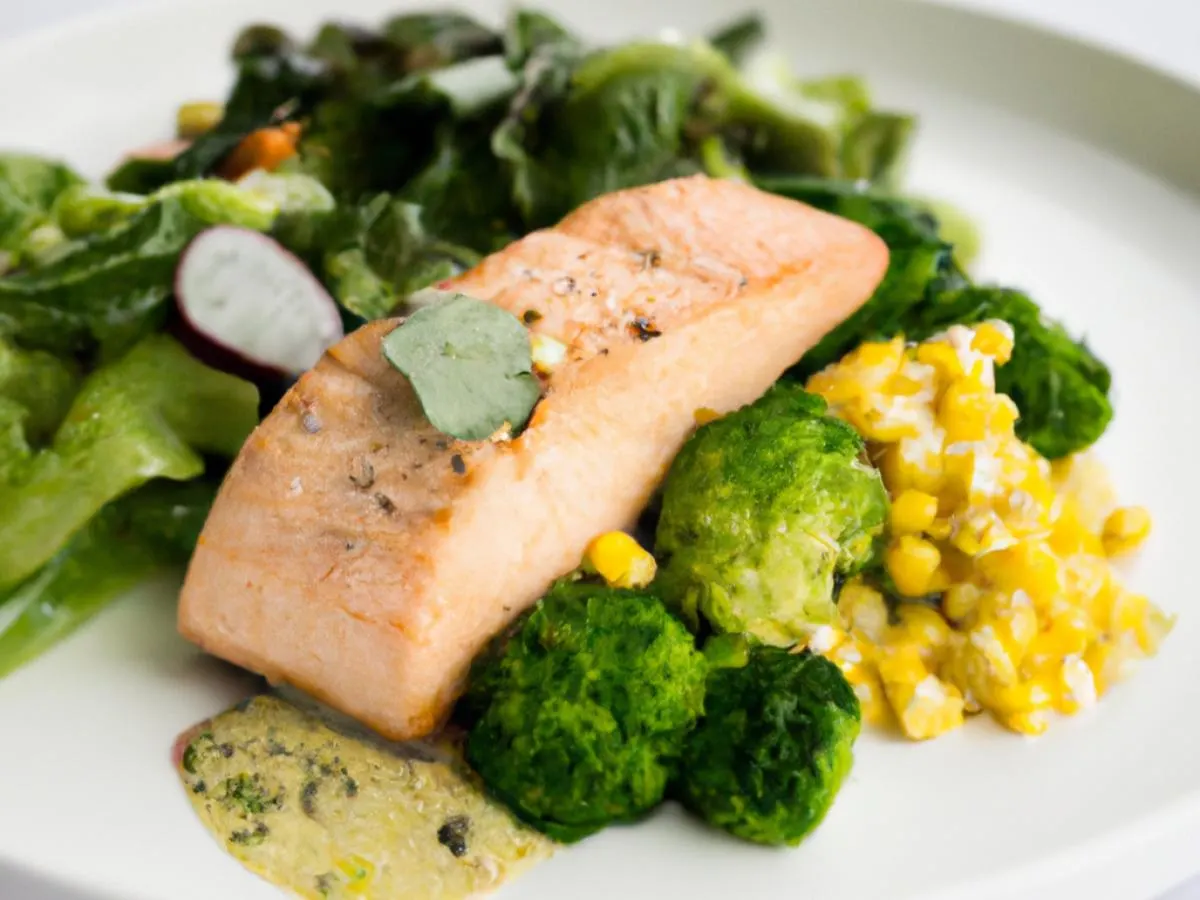 Poached Salmon Mixed Green Bowl with Broccoli + Corn & Edamame (Miso Ginger Vinaigrette)