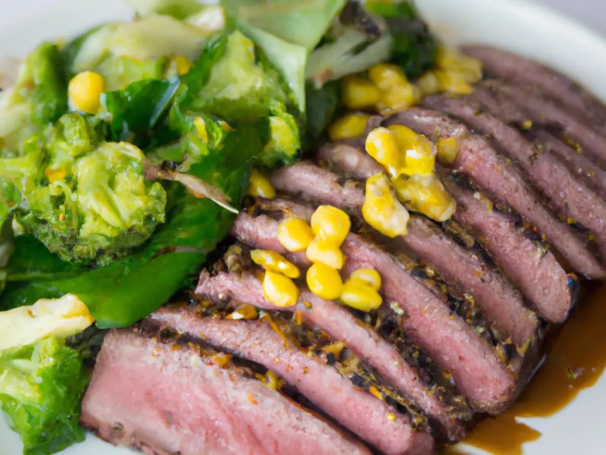 Grilled Flank Steak Mixed Green Bowl with Broccoli + Corn & Edamame (Miso Ginger Vinaigrette)