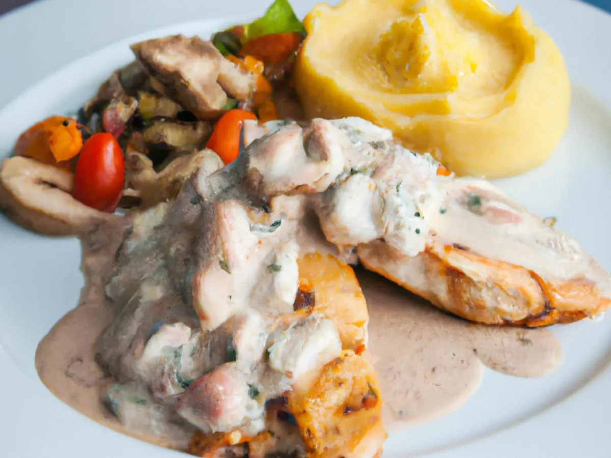 Chicken Schnitzel and Mushroom Sauce with Mashed Potato and Roasted Vegetables Chicken Schnitzel and Mushroom Sauce with Mashed Potato and Roasted Vegetables