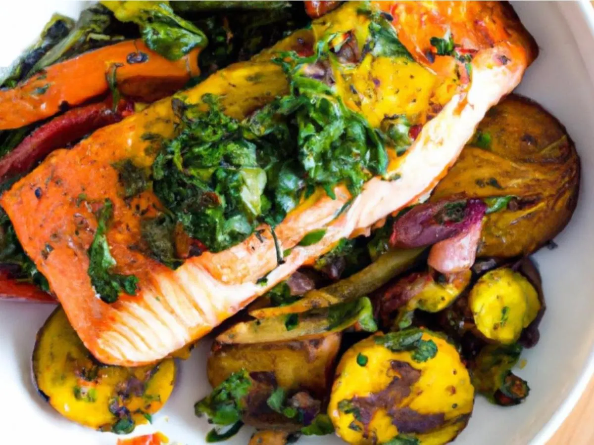 Salmon with Roasted Veggies, Dill Rice and Chimichurri