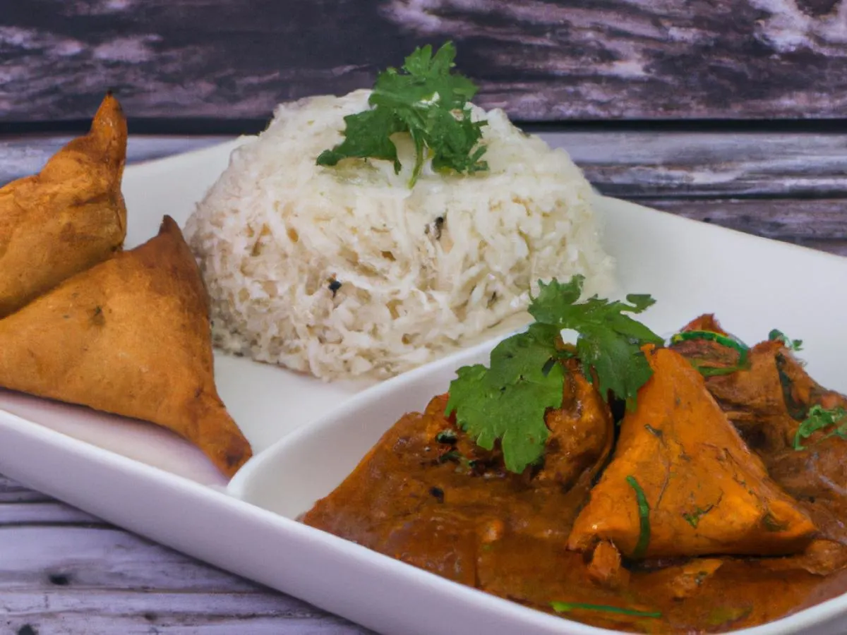 Chicken Vindaloo with Basmati Rice and Vegan Samosa Chicken Vindaloo with Basmati Rice and Vegan Samosa