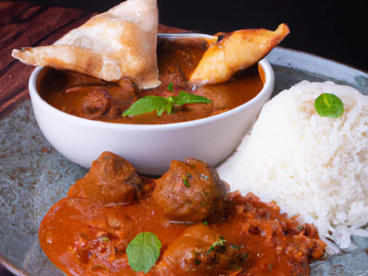 Lamb Tikka Masala with Basmati Rice and Vegan Samosa Lamb Tikka Masala with Basmati Rice and Vegan Samosa