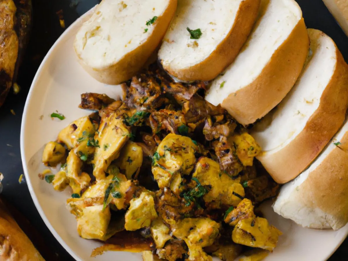 Jack Fruit With Potato Salad and Garlic Bread