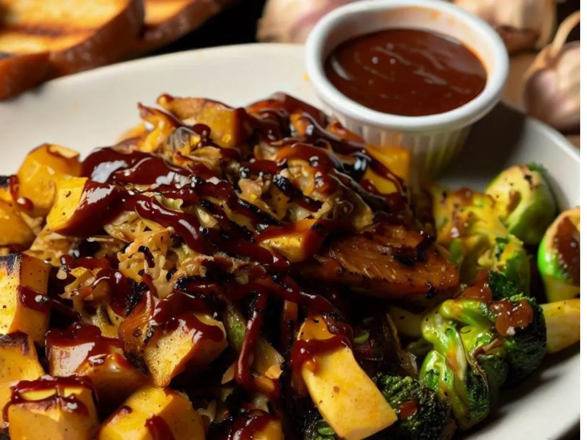 Jack Fruit With Roasted Brussels Sprouts and Garlic Bread