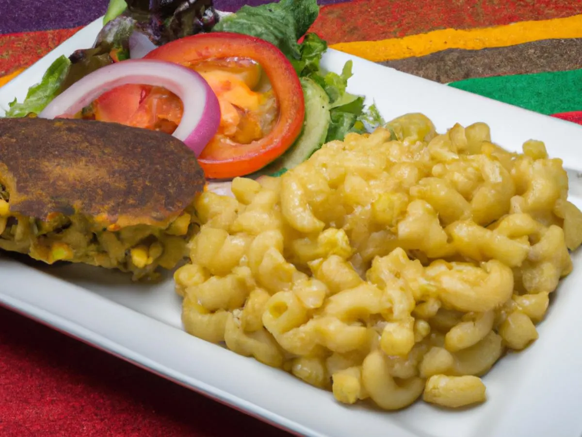 Jamaican Vegetable Patty Meal served with Mac & Cheese, and a Garden Salad Jamaican Vegetable Patty Meal served with Mac & Cheese, and a Garden Salad