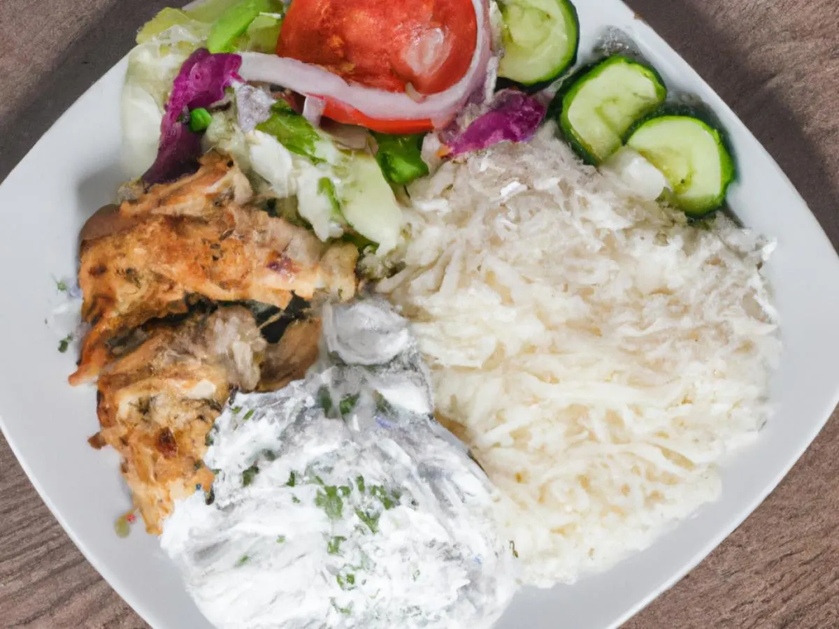 Chicken Gyro Meat Plate with Rice, Tzatziki, and Mediterranean Salad Chicken Gyro Meat Plate with Rice, Tzatziki, and Mediterranean Salad