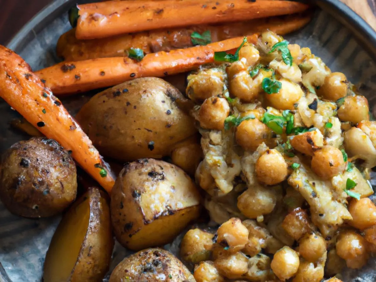 Sesame Scallion Chickpeas Served with Crushed Cajun Potato & Roasted Carrots Sesame Scallion Chickpeas Served with Crushed Cajun Potato & Roasted Carrots