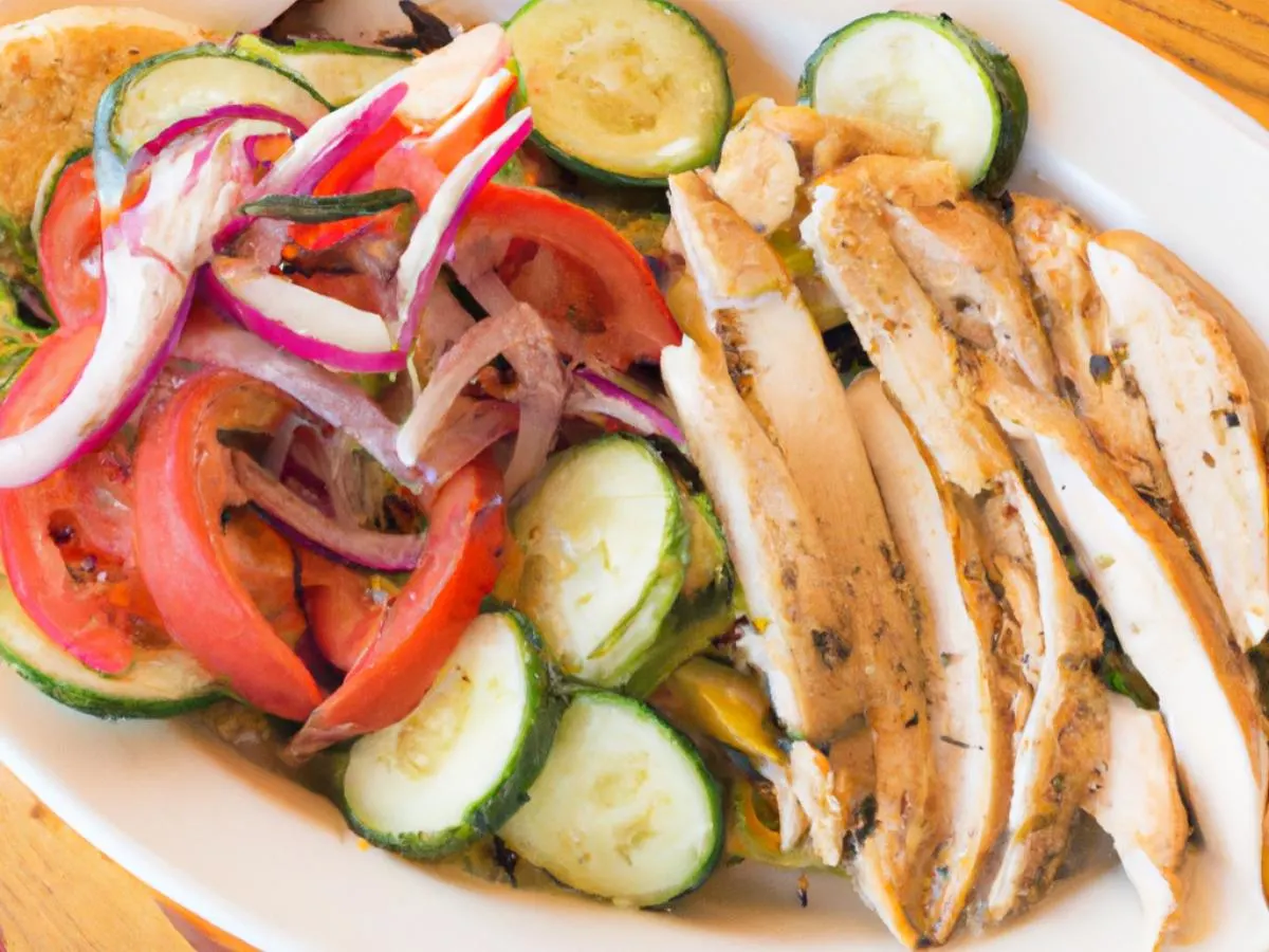 Chicken Gyro Meat Plate with Roasted Vegetables & Mediterranean Salad (GF,DF) Chicken Gyro Meat Plate with Roasted Vegetables & Mediterranean Salad (GF,DF)