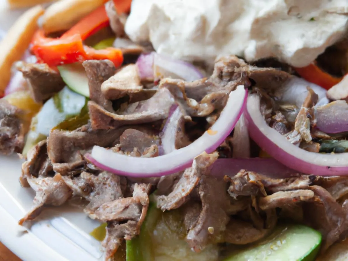 Mix Gyro Meat Plate with Roasted Vegetables, Tzatziki and Mediterranean Salad Mix Gyro Meat Plate with Roasted Vegetables, Tzatziki and Mediterranean Salad