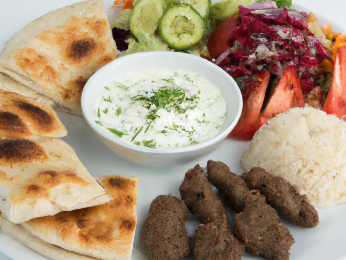 Kofte Kebab Plate with Rice, Tzatziki, Pita Bread and Mediterranean Salad Kofte Kebab Plate with Rice, Tzatziki, Pita Bread and Mediterranean Salad