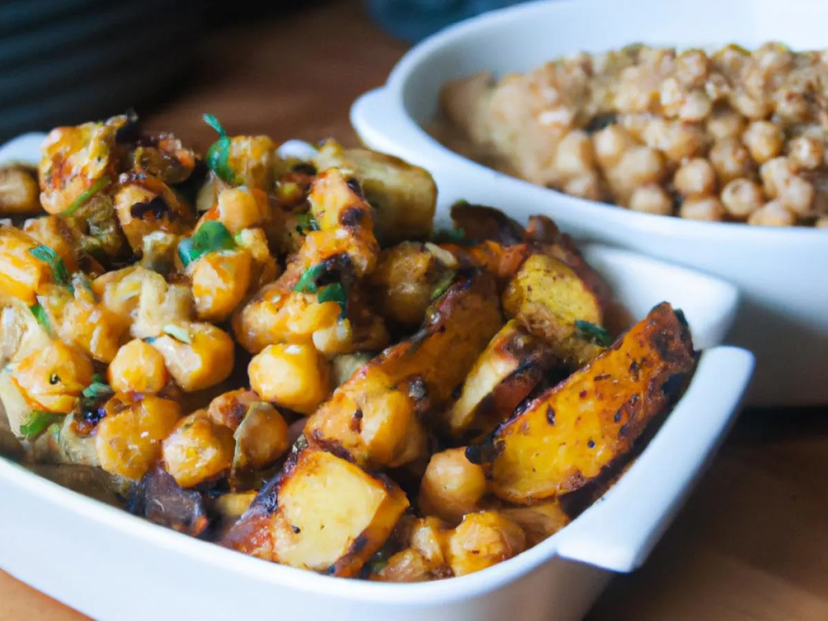 Sesame Scallion Chickpeas Served with Roasted Sweet Potato & Sweet Plantain Casserole Sesame Scallion Chickpeas Served with Roasted Sweet Potato & Sweet Plantain Casserole