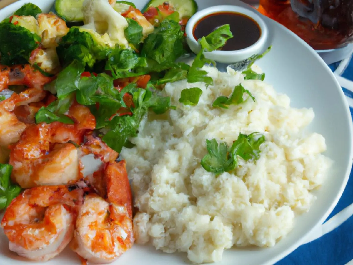 Light Carb - Grilled Prawns with Cauliflower Rice, & low carb vegetables Light Carb - Grilled Prawns with Cauliflower Rice, & low carb vegetables