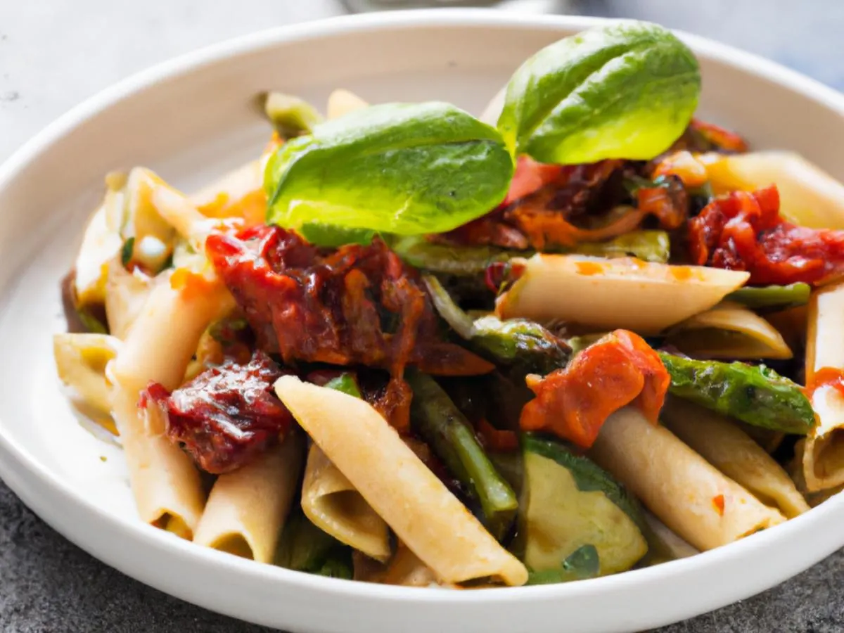 Penne Primavera Seasonal Mixed Vegetables and Sun-dried Tomato Pesto Penne Primavera Seasonal Mixed Vegetables and Sun-dried Tomato Pesto