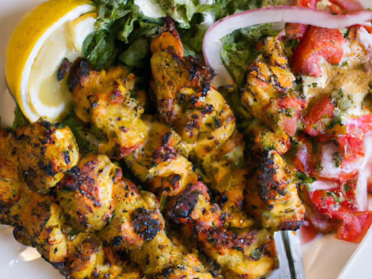 Spicy Chicken Kabob with Mediterranean Salad and Baklava Spicy Chicken Kabob with Mediterranean Salad and Baklava