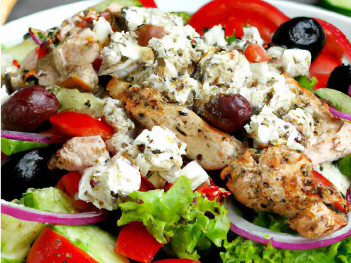 Greek Salad with Chicken Souvlaki and Lemon Oil & Pita Greek Salad with Chicken Souvlaki and Lemon Oil & Pita