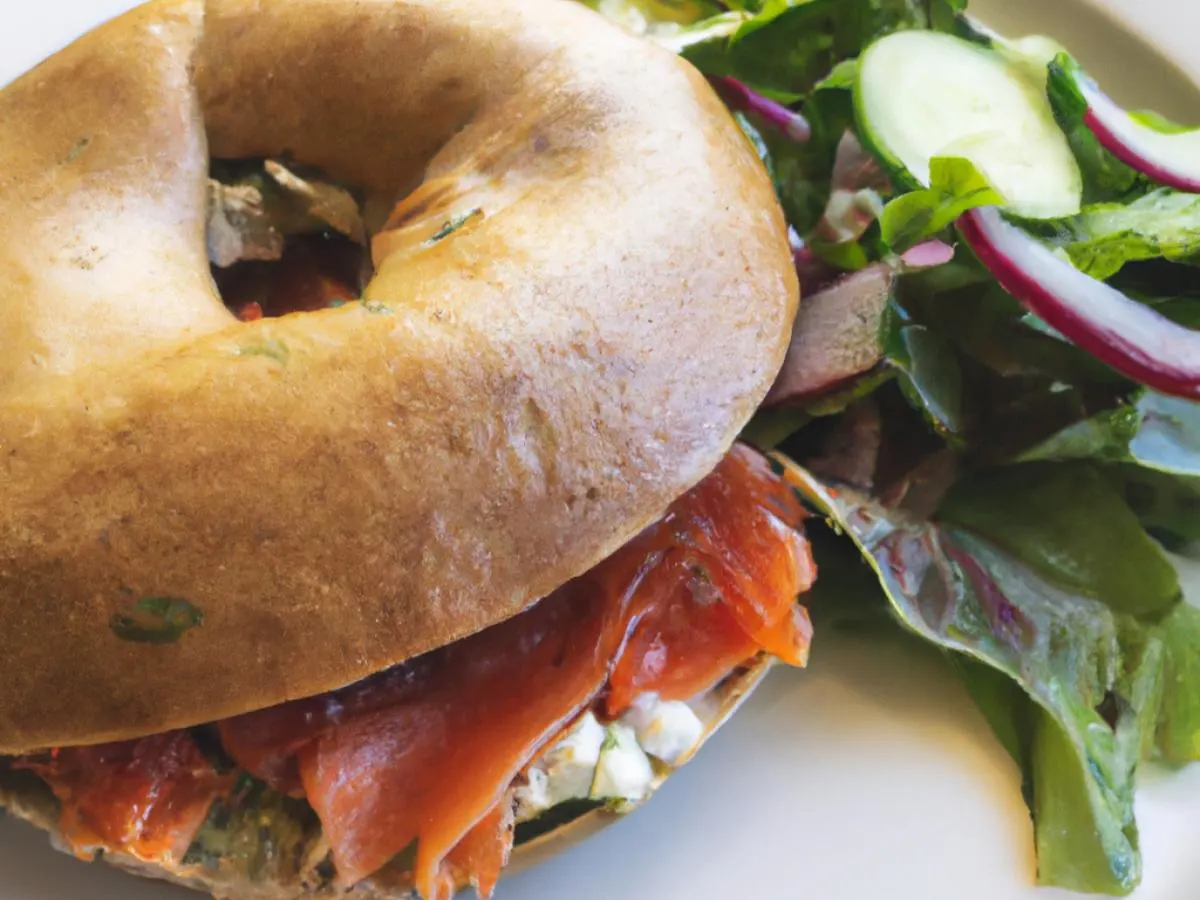 Gluten Free Bagel Smoked Sockeye Salmon Salad Sandwich with Side Salad Gluten Free Bagel Smoked Sockeye Salmon Salad Sandwich with Side Salad