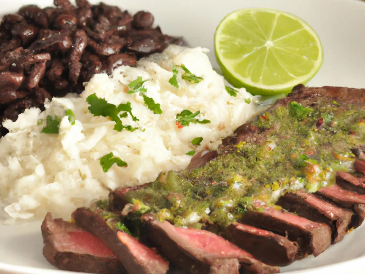 Grilled Flank Steak with Chimichurri Sauce, Spanish Rice, and Black Beans Grilled Flank Steak with Chimichurri Sauce, Spanish Rice, and Black Beans